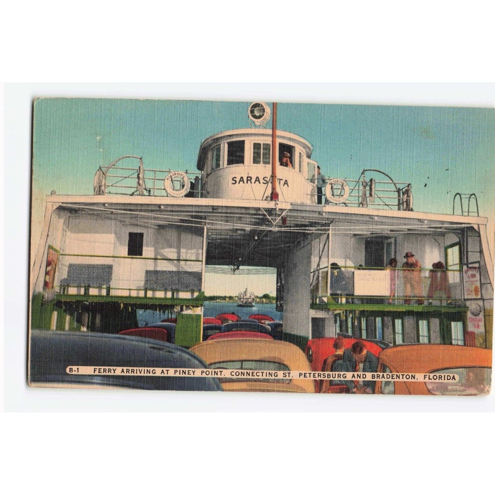 Vintage 1948 Sarasota Ferry Postcard Piney Point St Petersburg Bradenton Florida